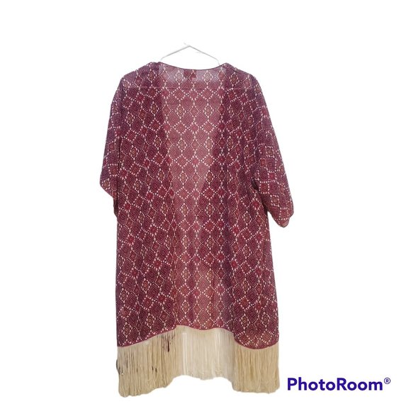 LuLaRoe Monroe Kimono Pink Multi-Color Chiffon Geometric Ivory Fringe Large - Picture 2 of 8